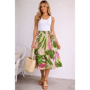 Ruby Rd Petite Tropical Leaf Print Tiered Cotton Midi Skirt Pink Green 8P